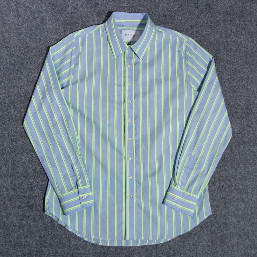 The Shirt by Rochelle Behrens Blue Neon Striped Button Up Shirt Women's Medium